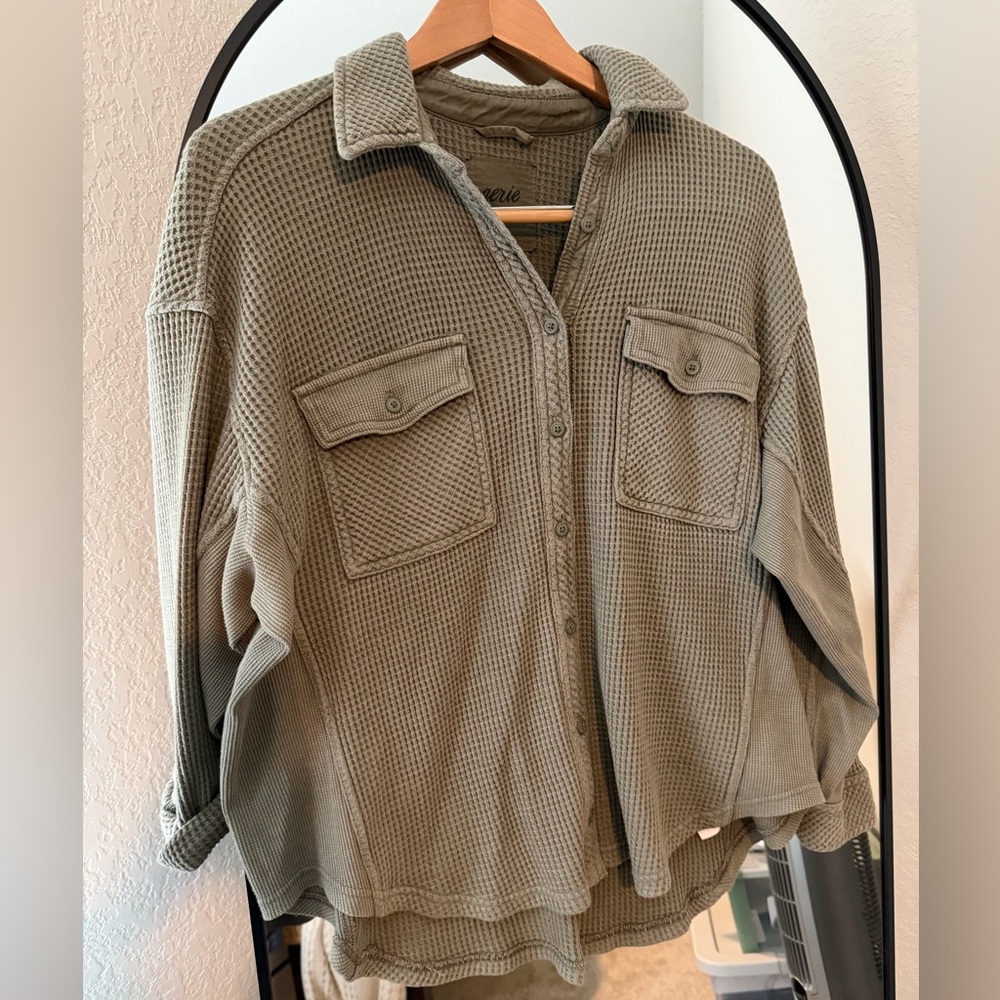 Aerie Olive Waffle Knit Button-Up Top